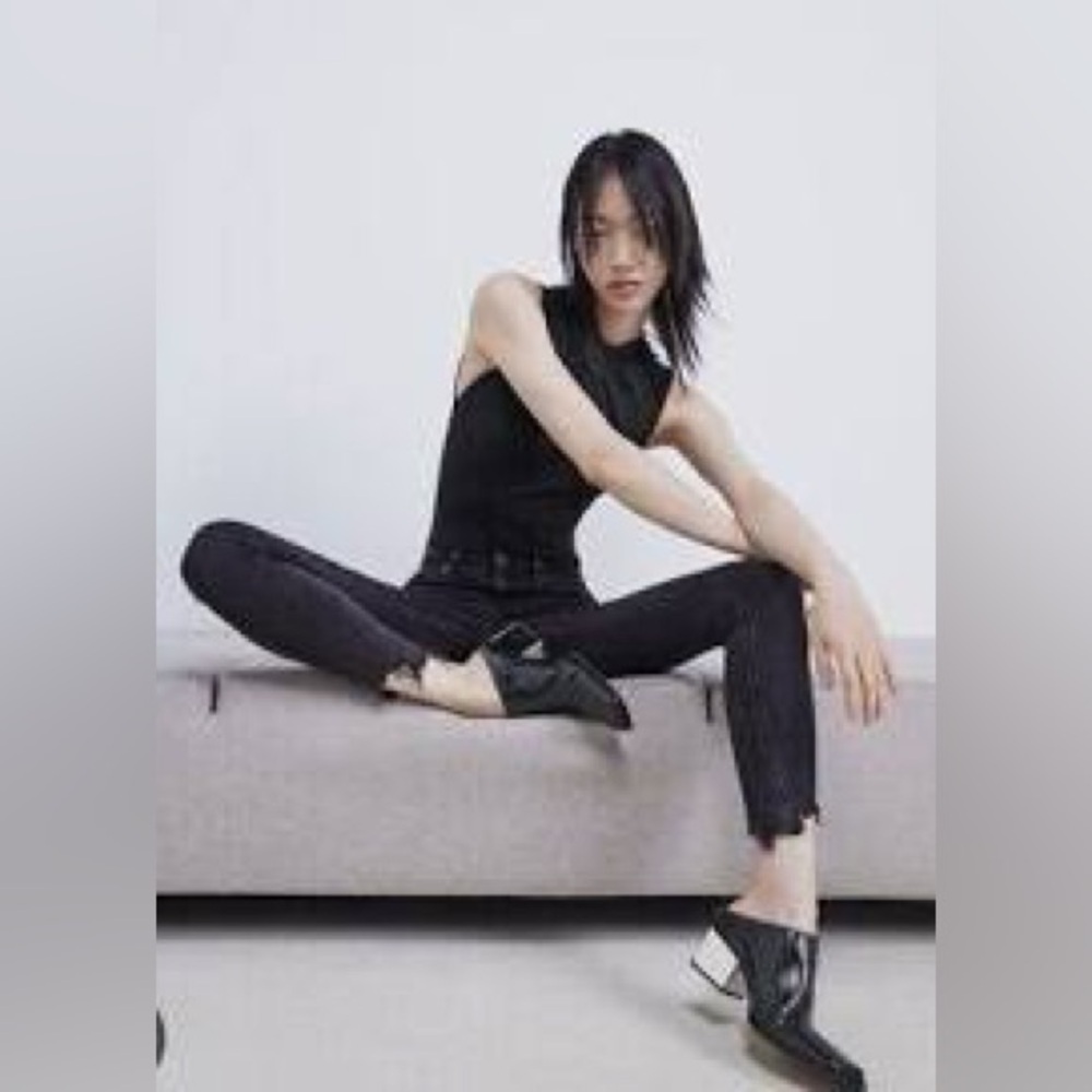 Zara square toe block heel mules black leather size 36‎